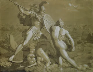 Achilles kamp med floden Scamander (brun och vit tvätt över penna på papper)